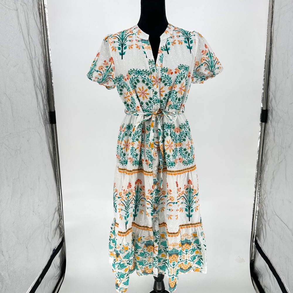 Kindred Boho Button Up Floral Print Belted Midi Dress Puff Sleeve Medium